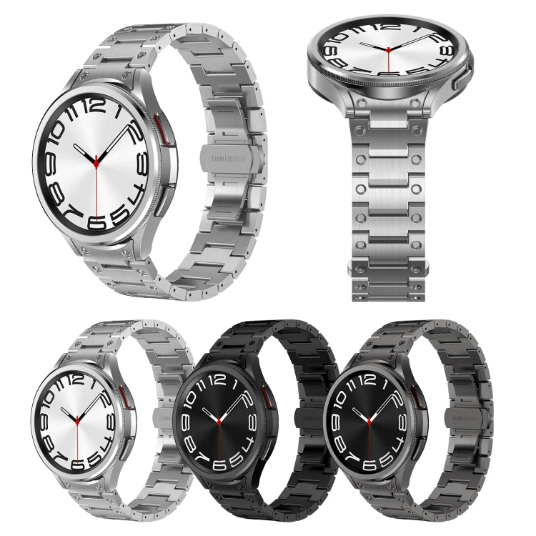 Stylish stainless steel strap for Samsung Galaxy Watch 6 in silver, black, and titanium gray colors, showcasing its butterfly snap design.